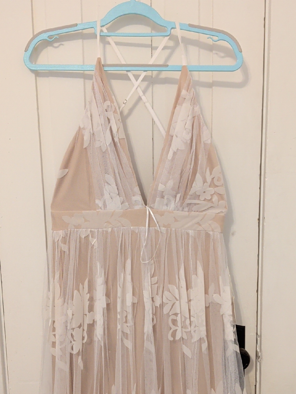 Luxxel Beige Maxi Dress with White Floral Lace Overlay - Picture 3 of 4
